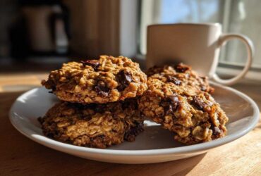 A stack of four golden, chewy breakfast cookie treats with visible chocolate chips on a white plate.