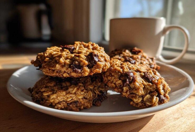 A stack of four golden, chewy breakfast cookie treats with visible chocolate chips on a white plate.
