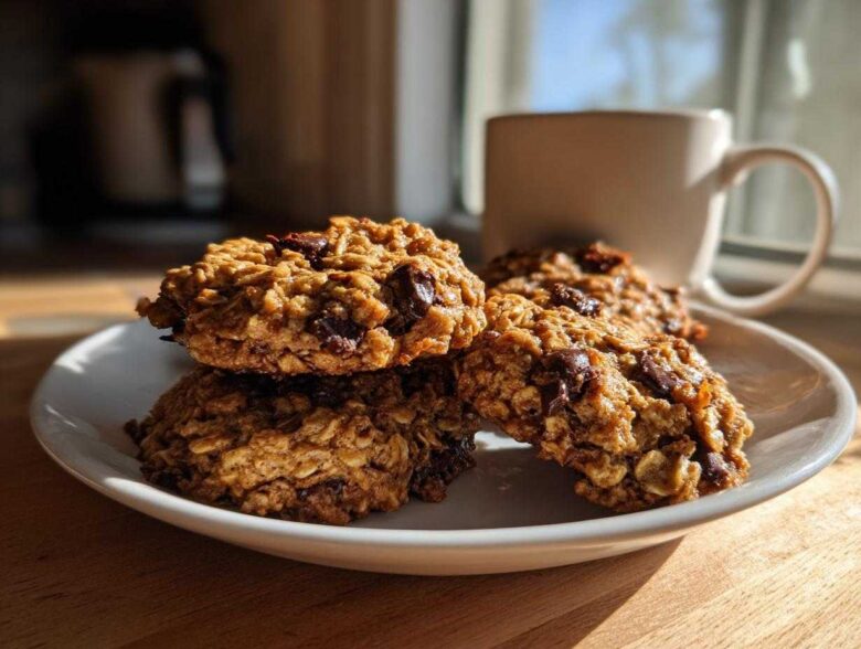 A stack of four golden, chewy breakfast cookie treats with visible chocolate chips on a white plate.