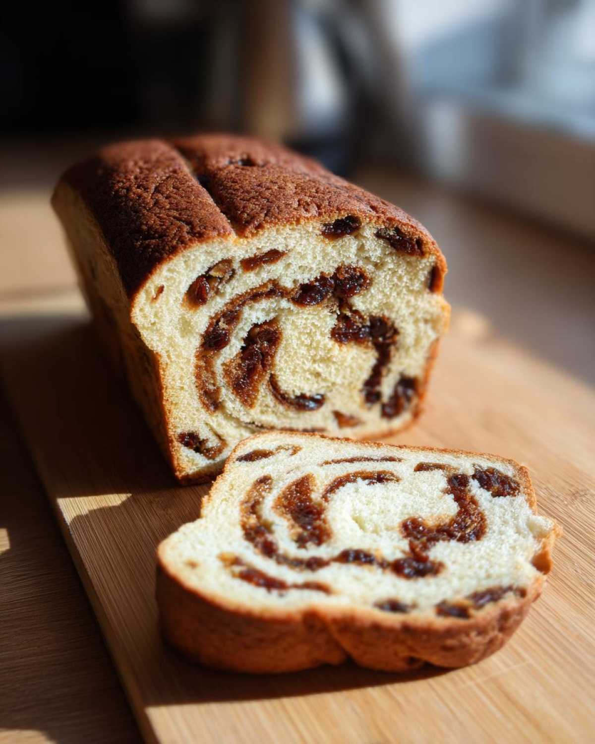 A loaf of homemade raisin bread, partially sliced, showing the beautiful swirl of raisins inside the soft white bread.