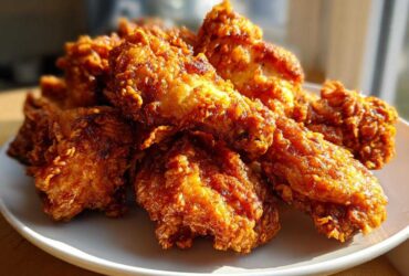 A close-up of a pile of perfectly crispy, golden-brown fried chicken wings served on a white plate.
