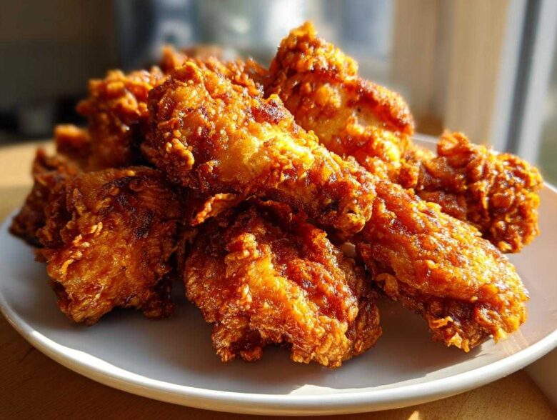 A close-up of a pile of perfectly crispy, golden-brown fried chicken wings served on a white plate.