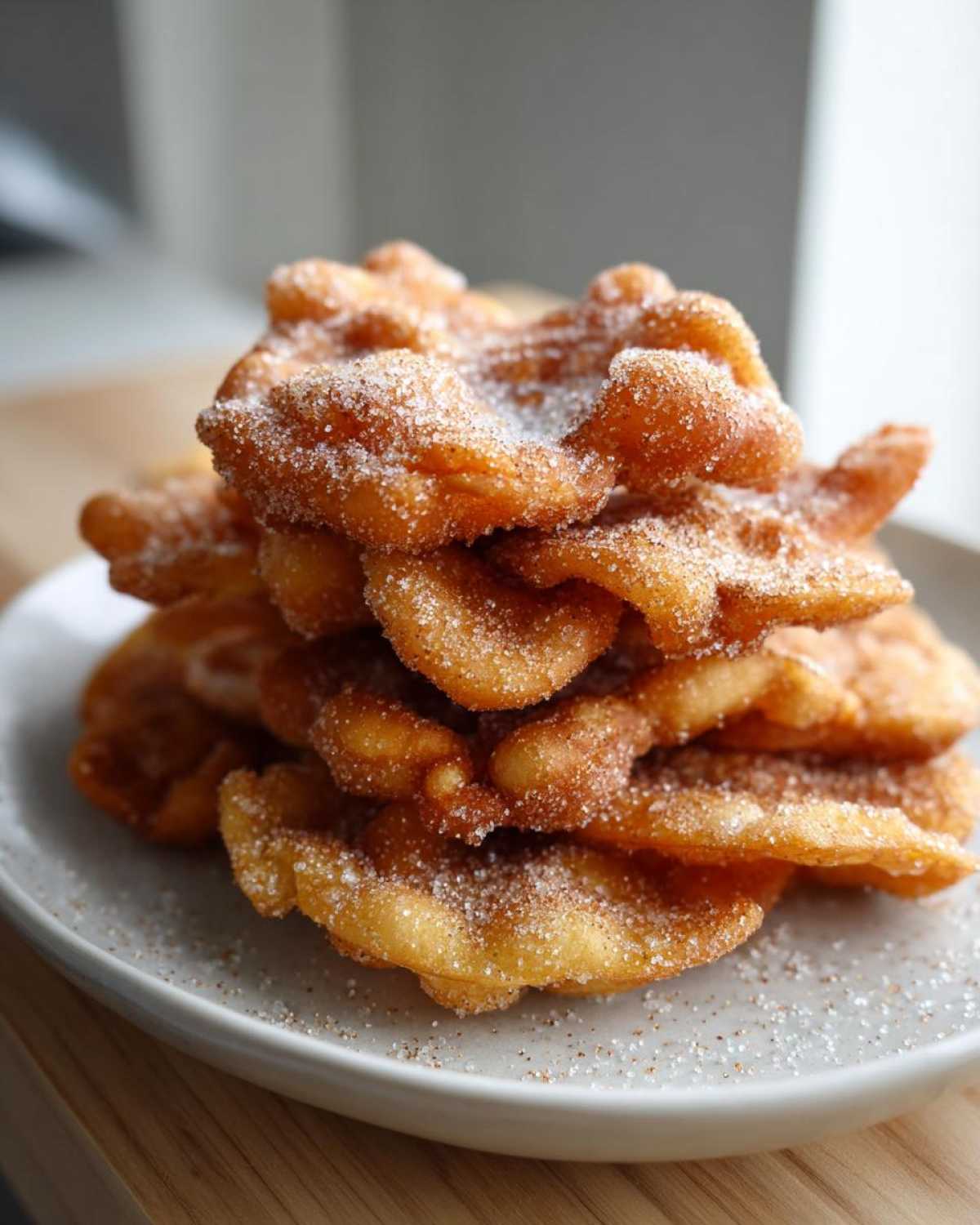 A close-up of a tall stack of golden brown, fried buñuelos generously coated in cinnamon sugar.