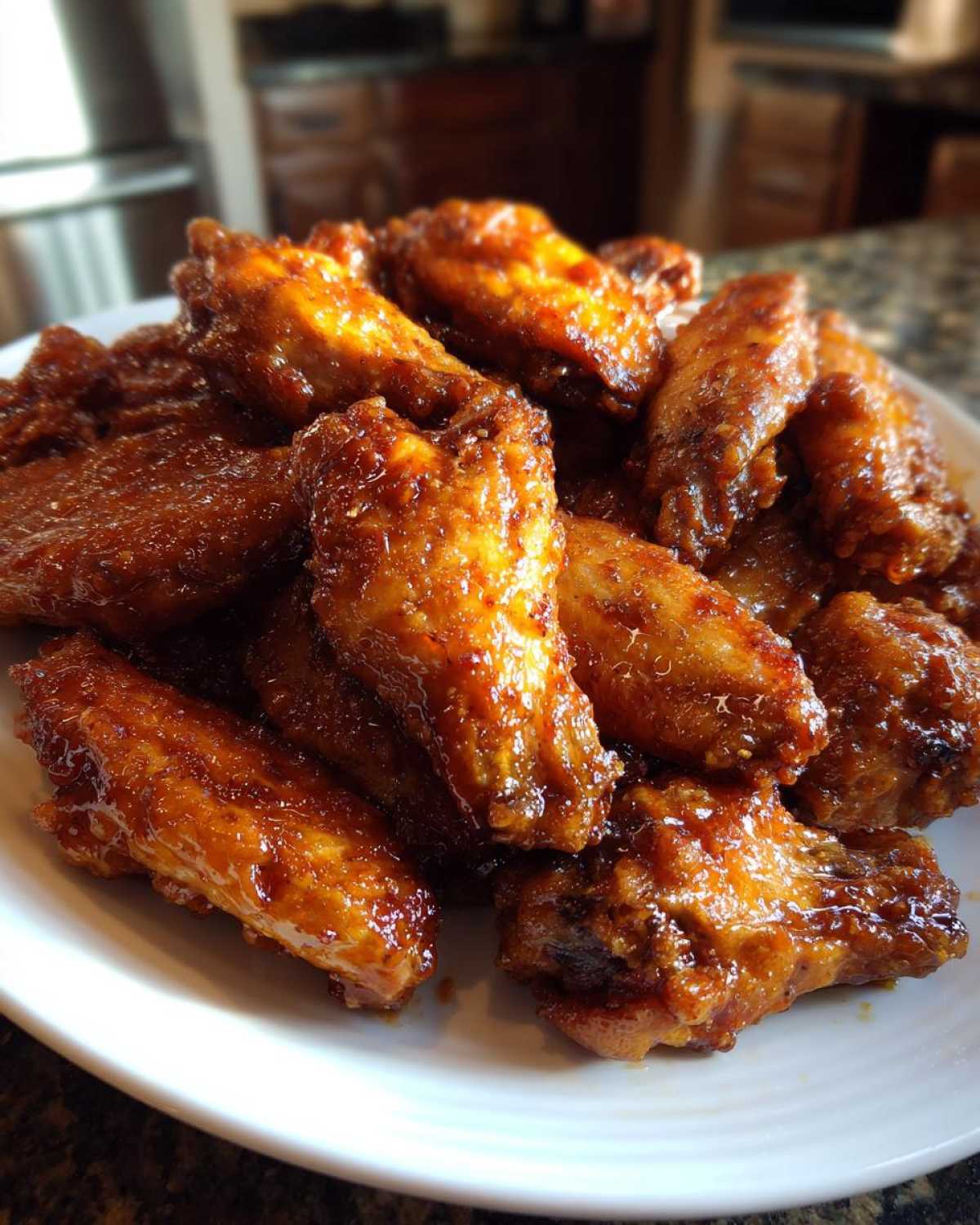 Close-up of a pile of sticky, glazed chicken wings served on a white plate, showcasing their crispy texture.