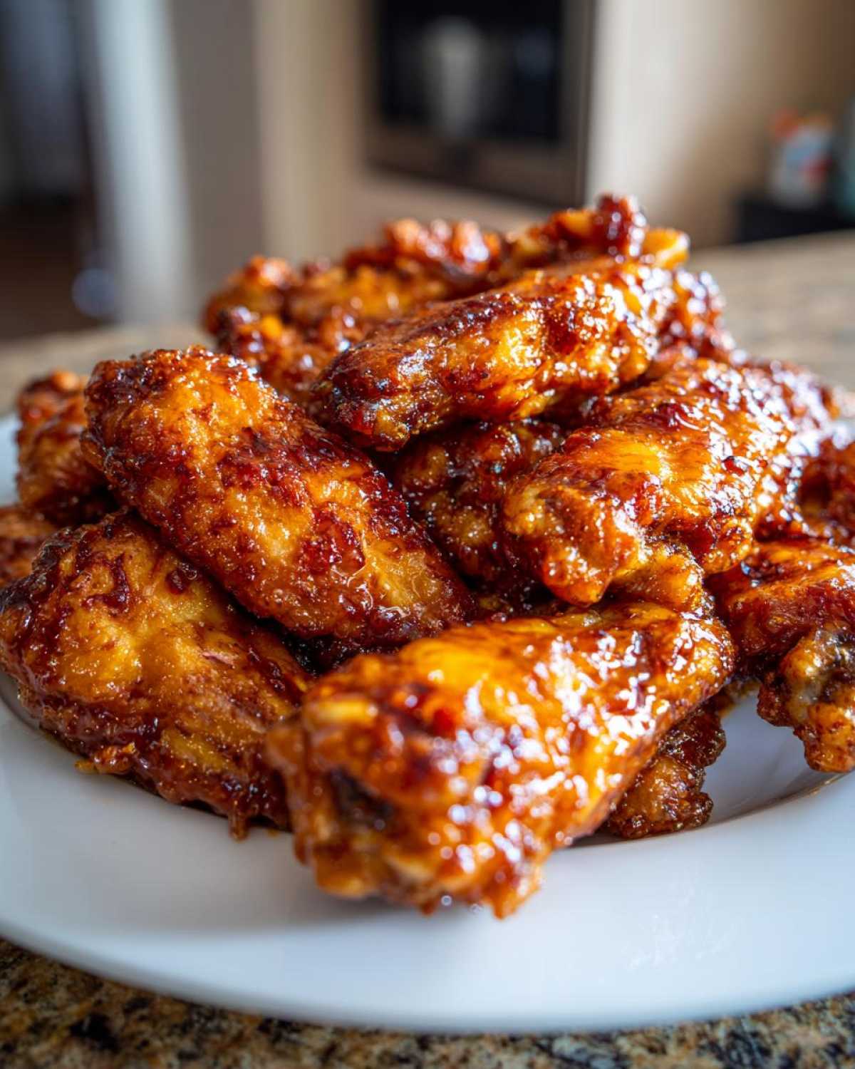 A close-up shot of a mound of perfectly cooked, glossy, glazed chicken wings piled high on a white plate.