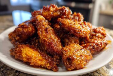 A close-up of a mound of crispy, glazed chicken wings piled high on a white plate.