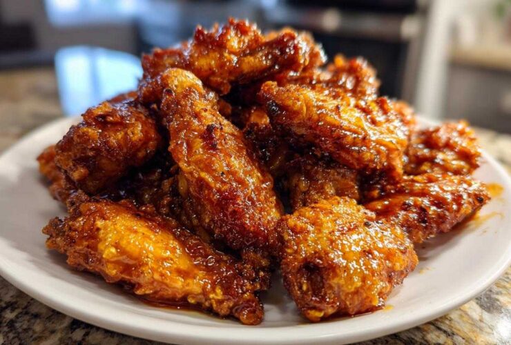 A close-up of a mound of crispy, glazed chicken wings piled high on a white plate.