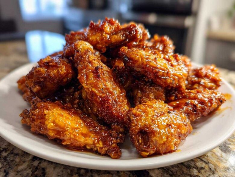 A close-up of a mound of crispy, glazed chicken wings piled high on a white plate.