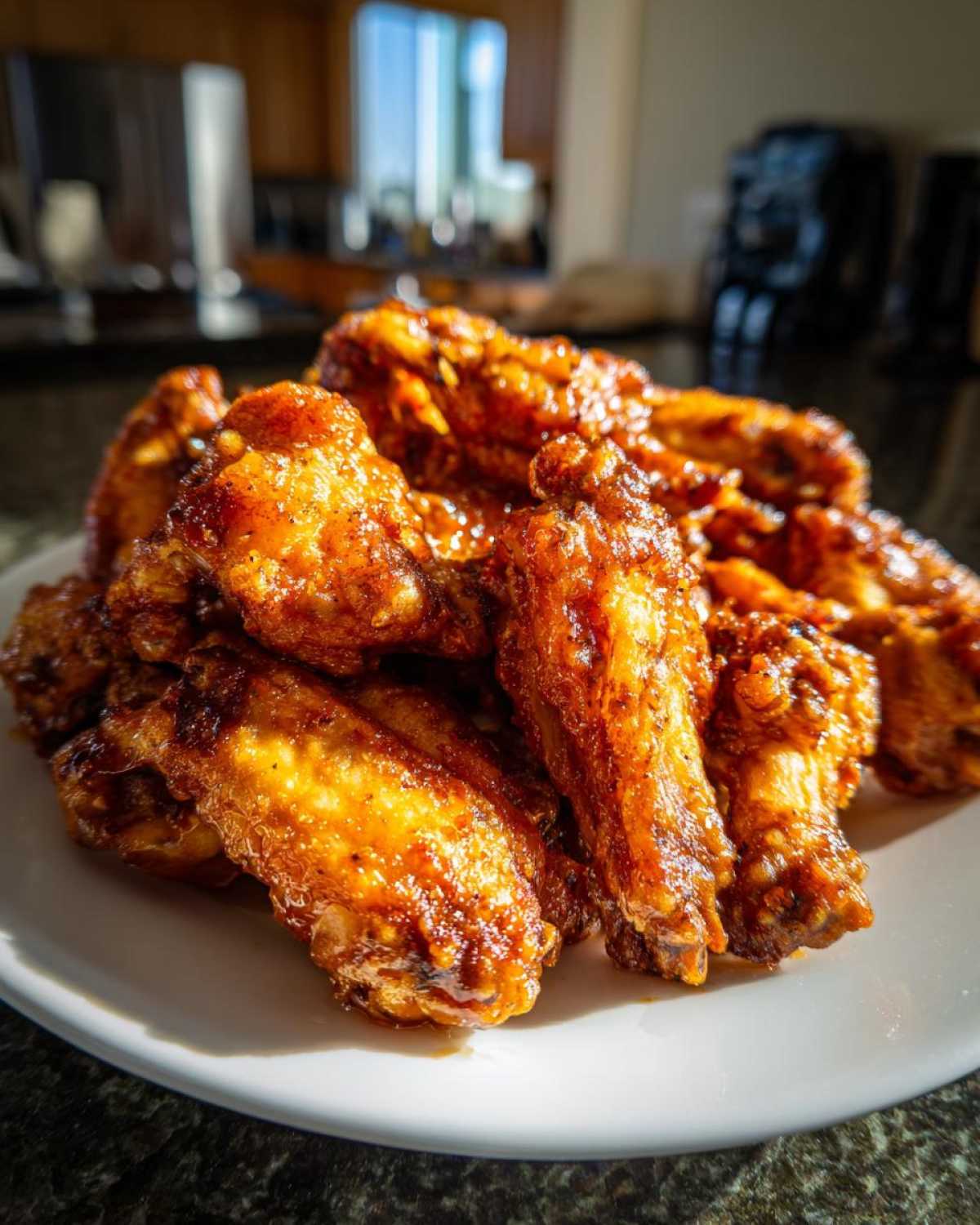 A close-up of a pile of crispy, glazed chicken wings served on a white plate, highlighting their amazing texture.