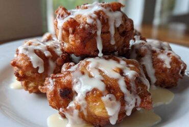 A stack of golden brown, deep-fried apple fritter pieces drizzled generously with white vanilla glaze.