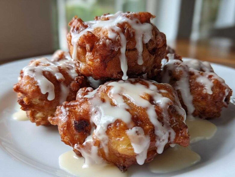 A stack of golden brown, deep-fried apple fritter pieces drizzled generously with white vanilla glaze.