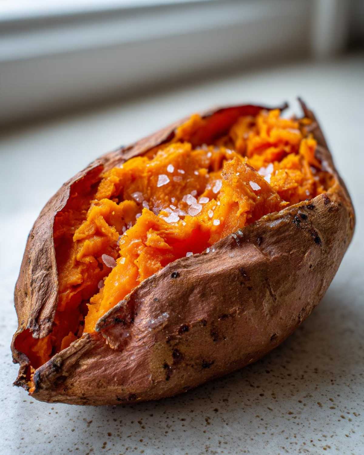 Close-up of a perfectly baked sweet potatoes, split open to reveal fluffy orange flesh topped with large flakes of sea salt.