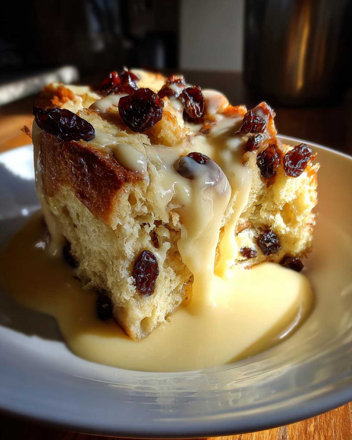 A close-up of a slice of amazing bread pudding topped with creamy vanilla custard and dark raisins.