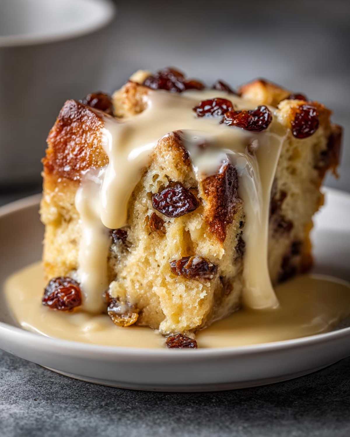 A close-up of a square slice of raisin bread pudding drenched in rich vanilla cream sauce.