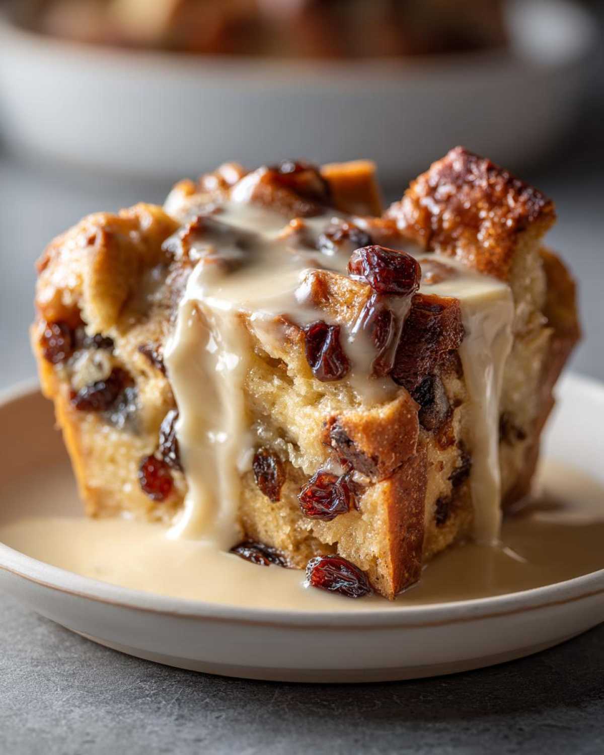Close-up of a square serving of amazing bread pudding studded with raisins, topped with a generous pour of vanilla sauce.