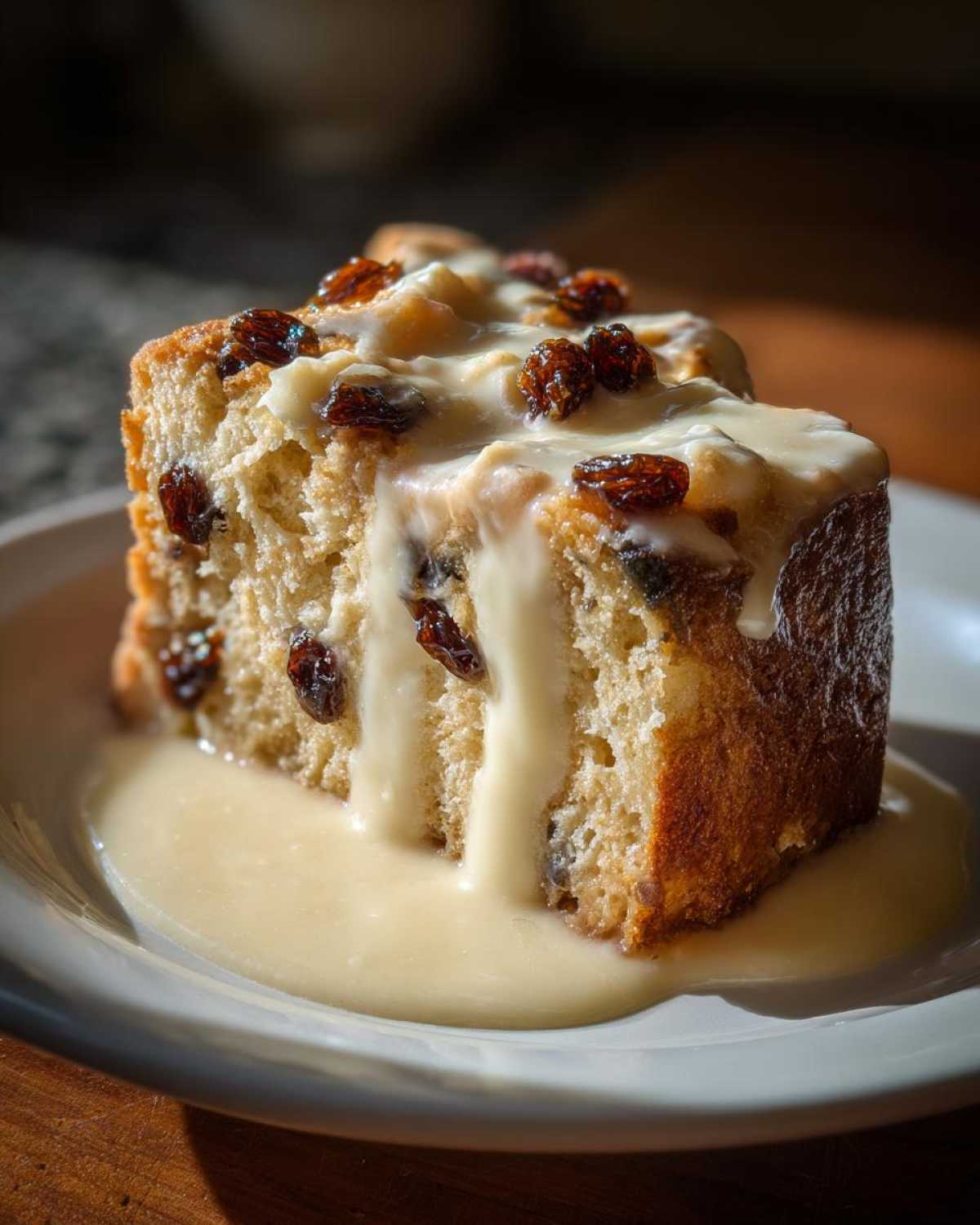 A thick slice of raisin bread pudding generously topped with a thick, creamy vanilla sauce.