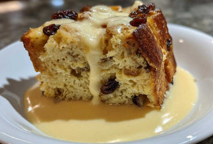 A close-up of a serving of amazing bread pudding topped with raisins and drenched in vanilla cream sauce.