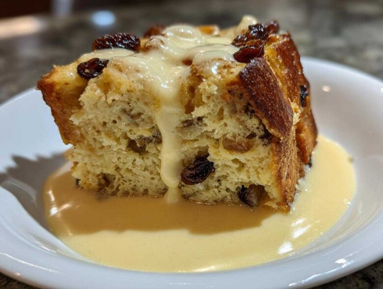 A close-up of a serving of amazing bread pudding topped with raisins and drenched in vanilla cream sauce.