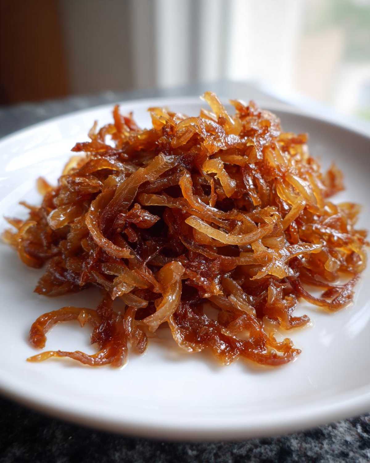 A close-up of a pile of deeply browned, glossy caramelized onions served on a small white plate.