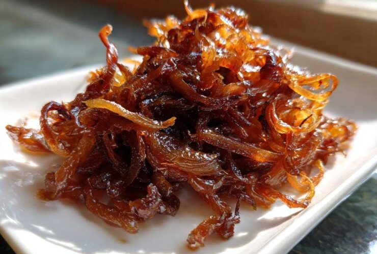 A close-up of a mound of rich, dark brown caramelized onions piled high on a white square plate.