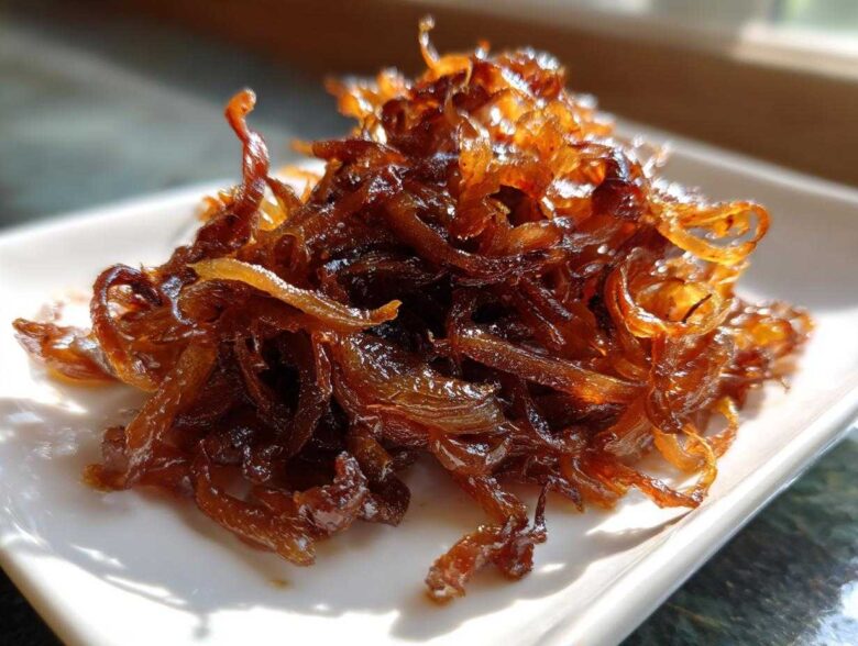 A close-up of a mound of rich, dark brown caramelized onions piled high on a white square plate.