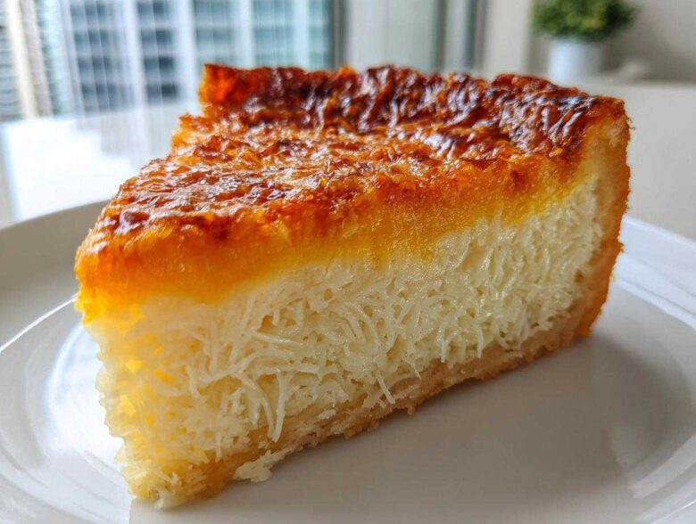 A close-up slice of cassava cake showing the shredded texture inside and a deeply caramelized, golden-brown topping.
