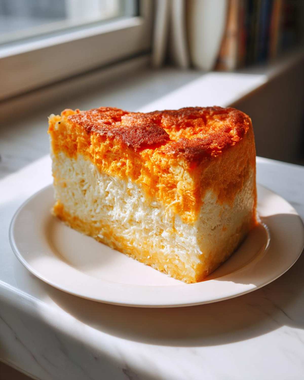 A thick slice of cassava cake with a creamy white base and a rich, golden-brown baked topping.