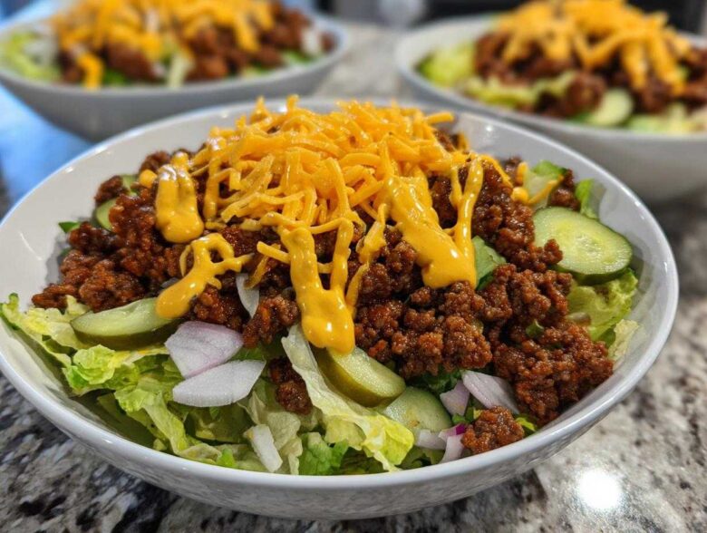 Close-up of a delicious cheeseburger bowl featuring seasoned ground beef, lettuce, pickles, and shredded cheese.
