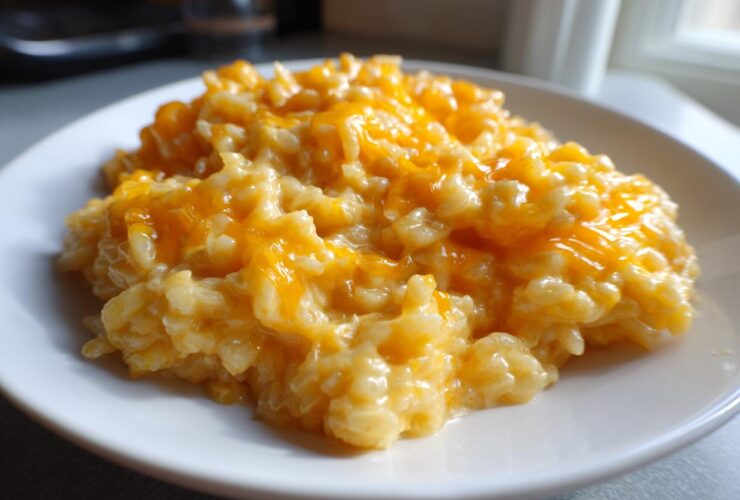 A close-up of a serving of creamy, cheesy rice topped with melted orange cheddar cheese.