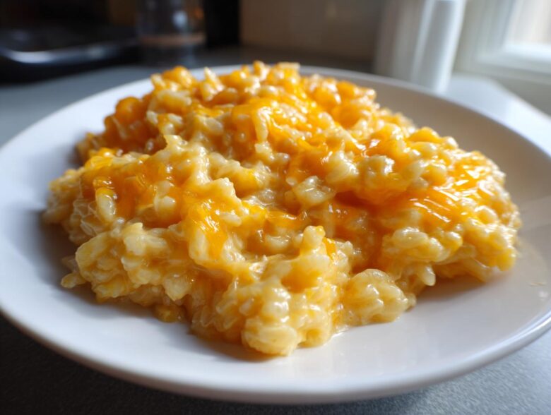 A close-up of a serving of creamy, cheesy rice topped with melted orange cheddar cheese.