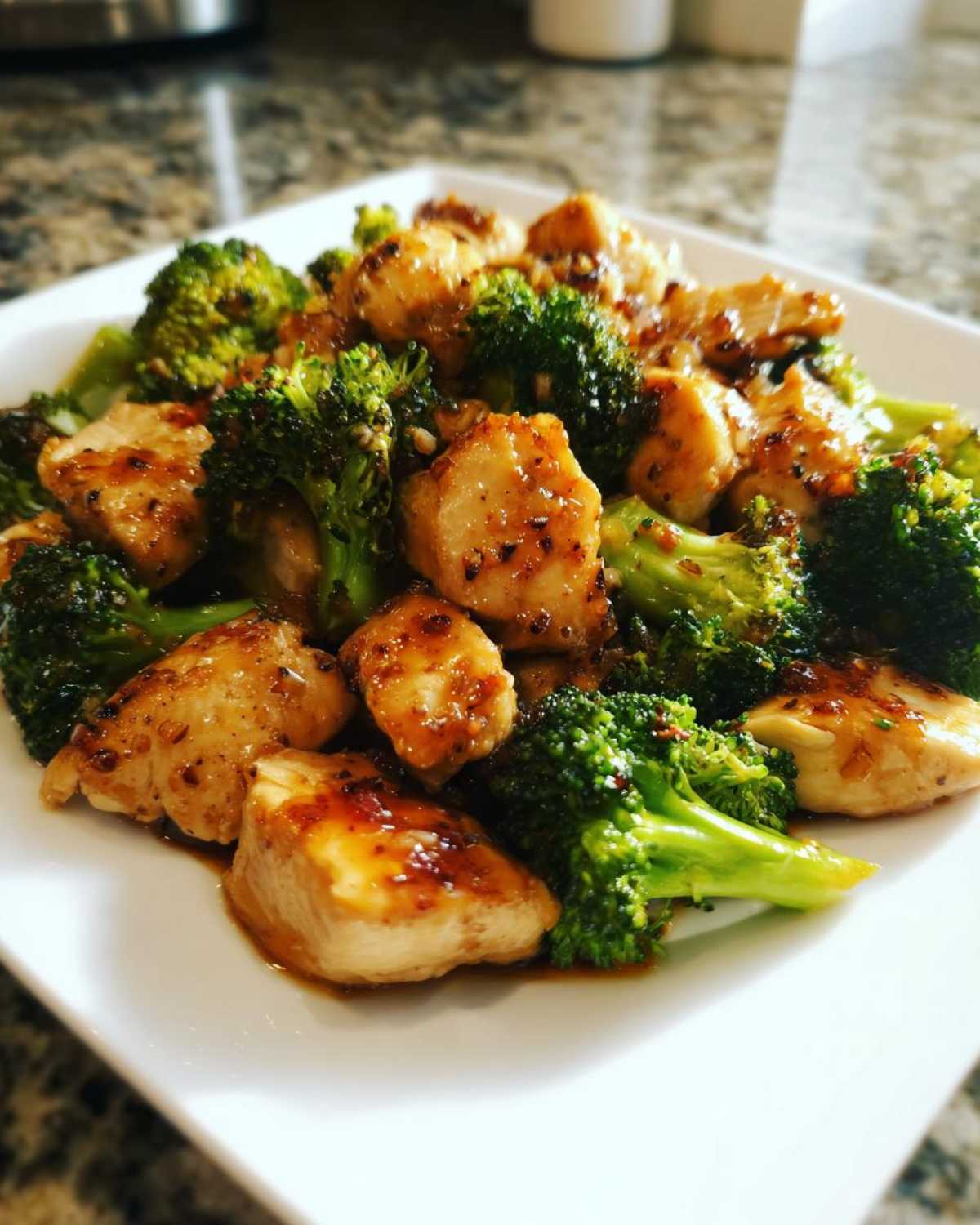 A close-up of bite-sized pieces of glazed chicken and bright green broccoli florets served on a white plate, featuring the chicken and broccoli.