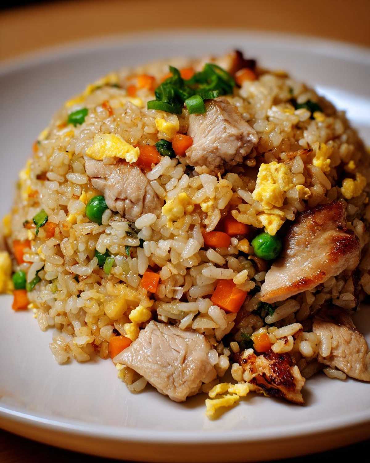 Close-up of a mound of delicious chicken fried rice featuring chunks of chicken, scrambled egg, peas, and carrots, topped with green onions.