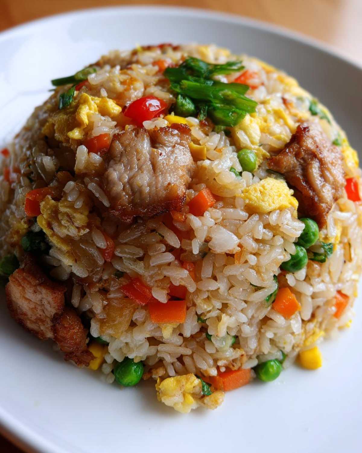 Close-up of a perfectly shaped mound of chicken fried rice featuring visible pieces of chicken, scrambled egg, peas, and carrots.