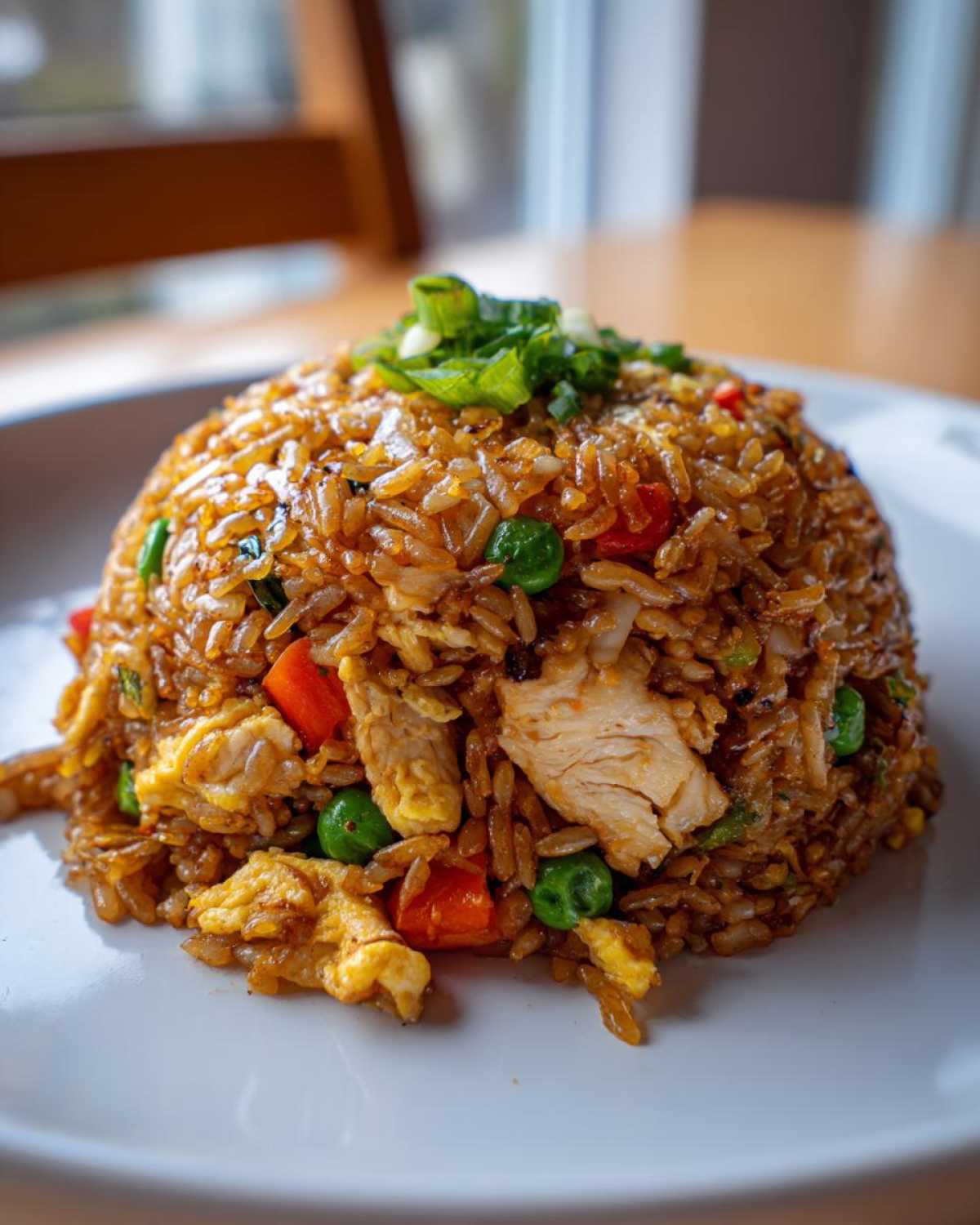 A close-up, vertical shot of a perfectly mounded portion of flavorful chicken fried rice, topped with green onions.