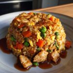 A beautifully molded serving of homemade chicken fried rice mixed with peas, carrots, and scrambled egg, drizzled with sauce.