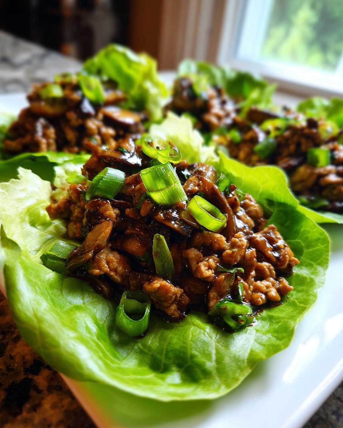 Close-up of an amazing chicken lettuce wraps portion filled with savory ground chicken and topped with bright green scallions.