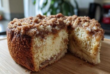 A close-up of a freshly baked coffee cake with a thick, crumbly streusel topping, sliced open to show the moist interior.