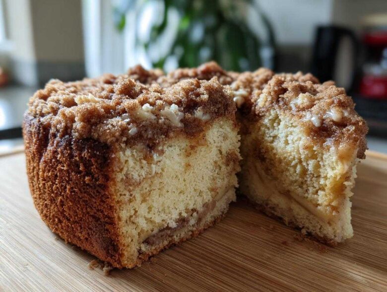 A close-up of a freshly baked coffee cake with a thick, crumbly streusel topping, sliced open to show the moist interior.