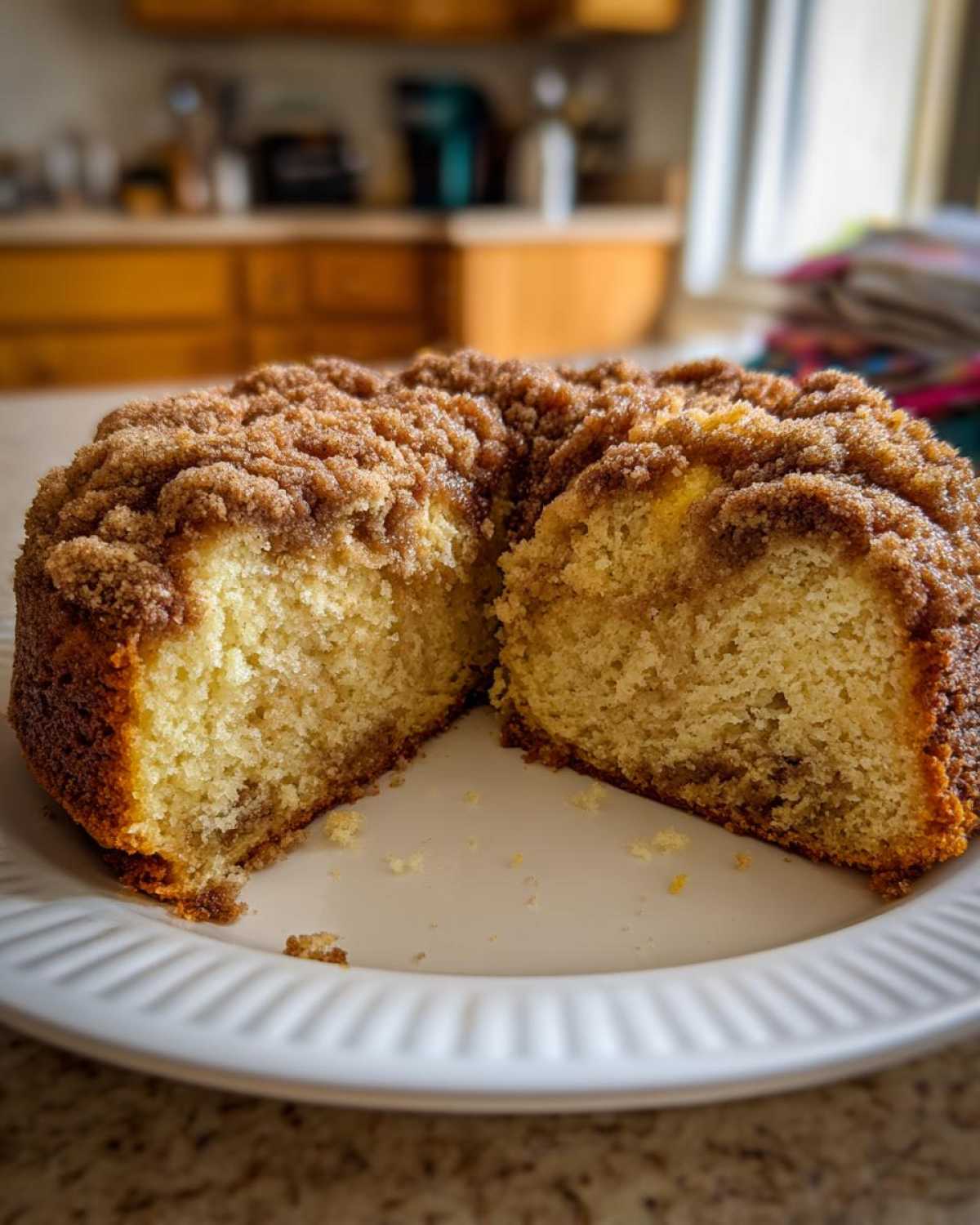 A coffee cake cut in half showing a thick, crumbly streusel topping and moist interior.