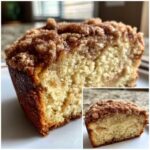 Close-up of a moist slice of coffee cake showing a thick, crumbly cinnamon streusel topping.
