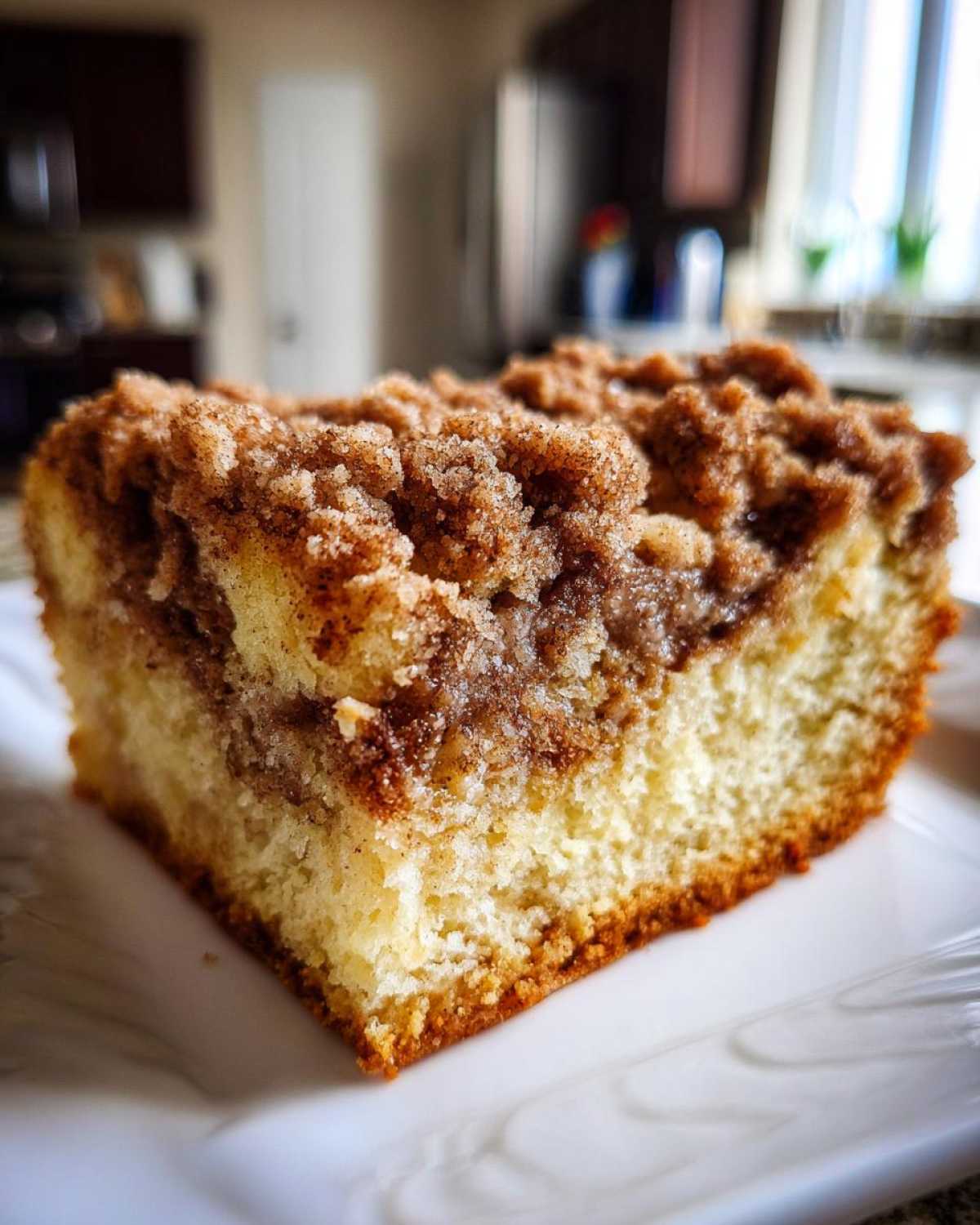 Close-up of a moist slice of coffee cake featuring a thick, crumbly cinnamon streusel topping.