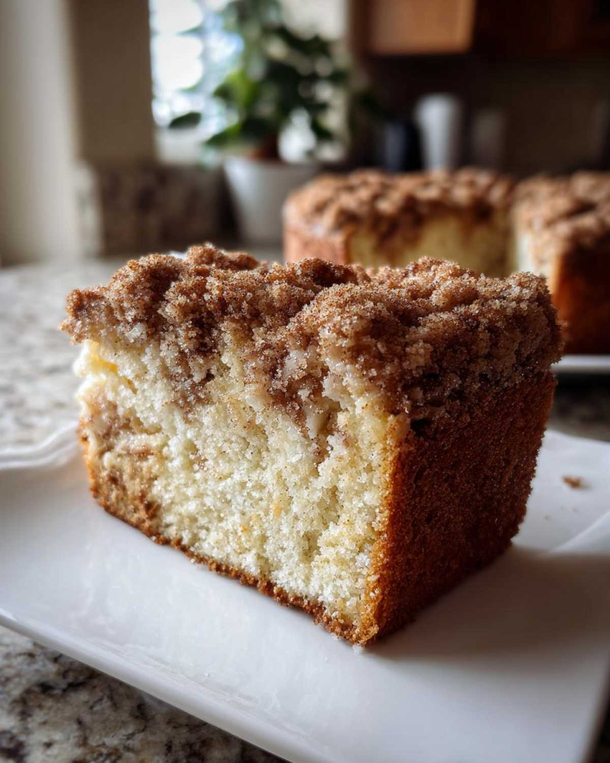 Close-up of a thick slice of moist coffee cake topped with a massive cinnamon streusel topping.