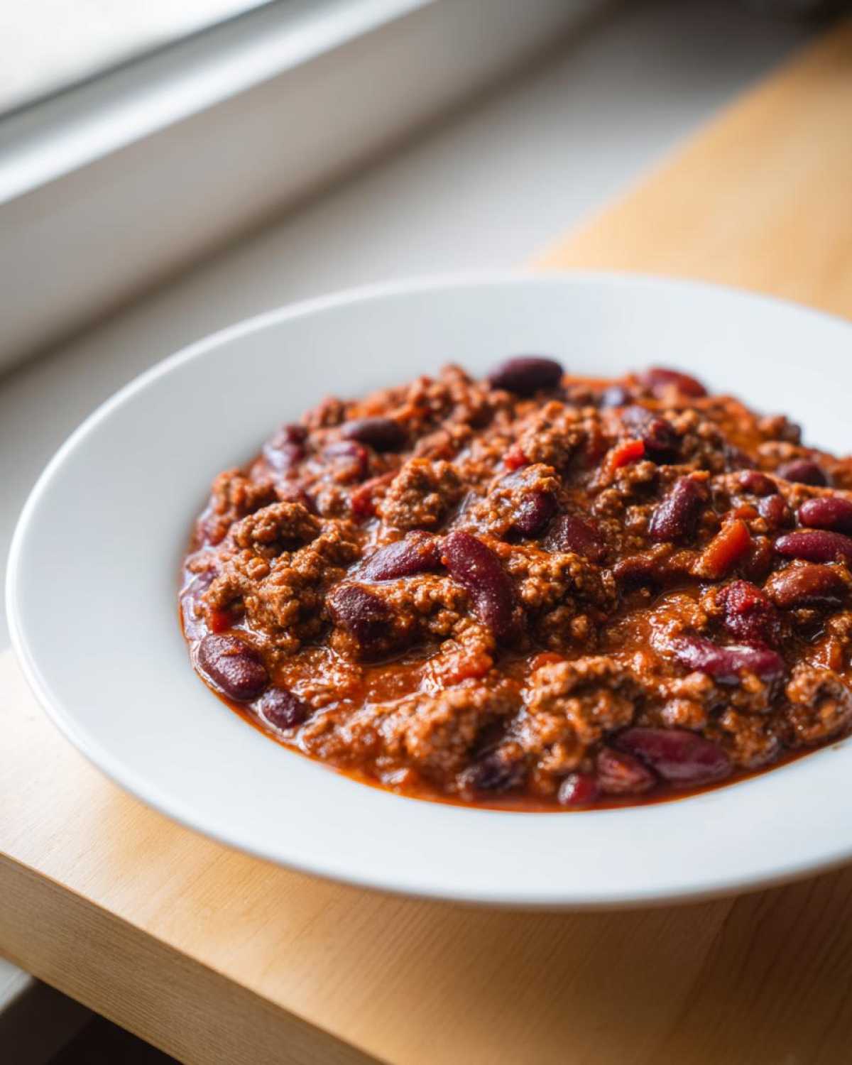 Close-up of a white bowl filled with rich, meaty crockpot chili and kidney beans.