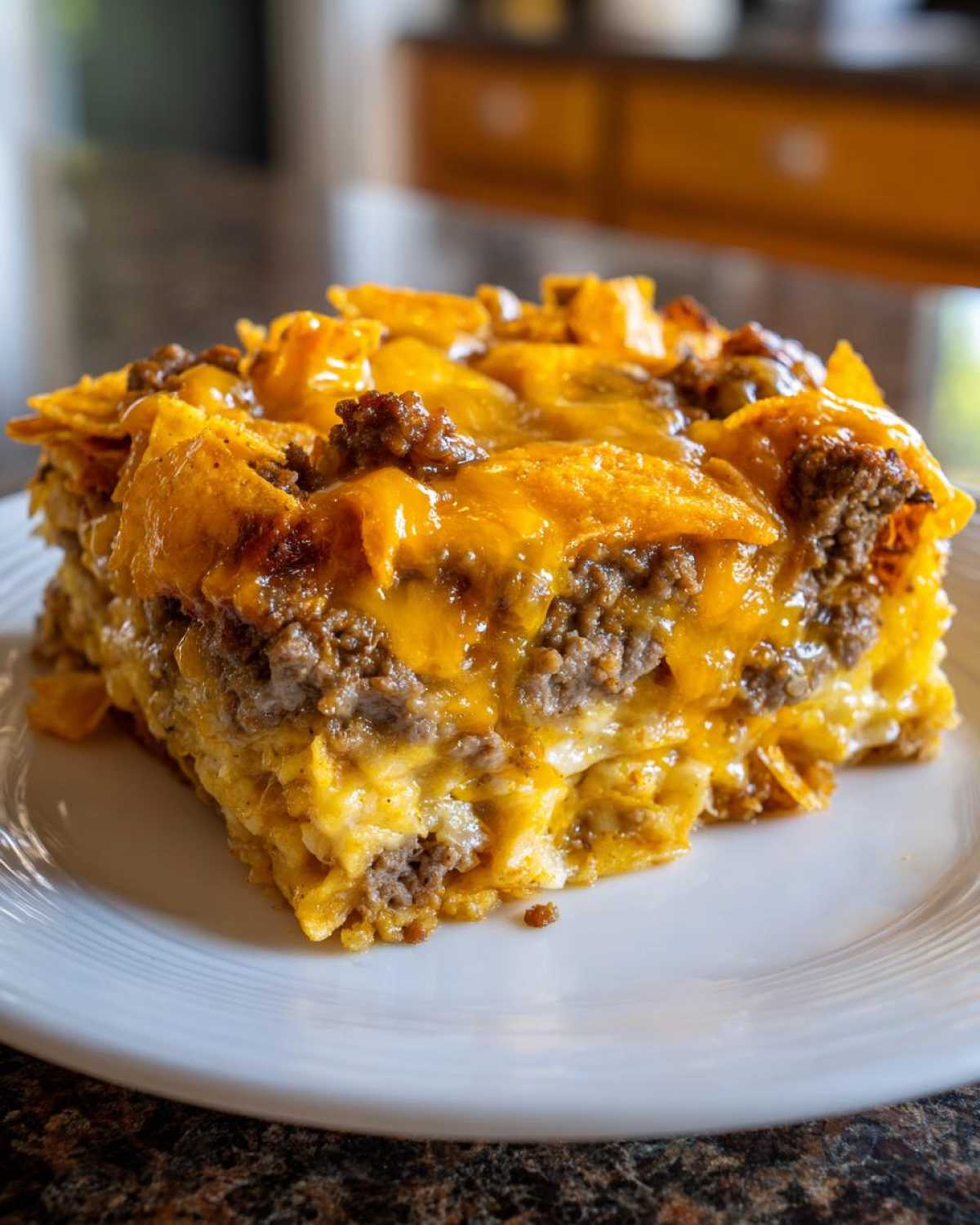 A close-up slice of Amazing Dorito Casserole featuring layers of ground meat, melted cheese, and crunchy chips on a white plate.