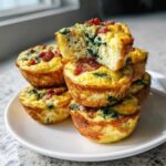 A stack of golden brown bacon and spinach egg bites on a white plate, one cut open to show the texture.