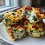 A stack of fluffy bacon and spinach egg bites on a white plate, showing the cheesy, baked texture of the egg bites.