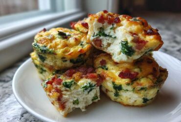 A stack of fluffy bacon and spinach egg bites on a white plate, showing the cheesy, baked texture of the egg bites.