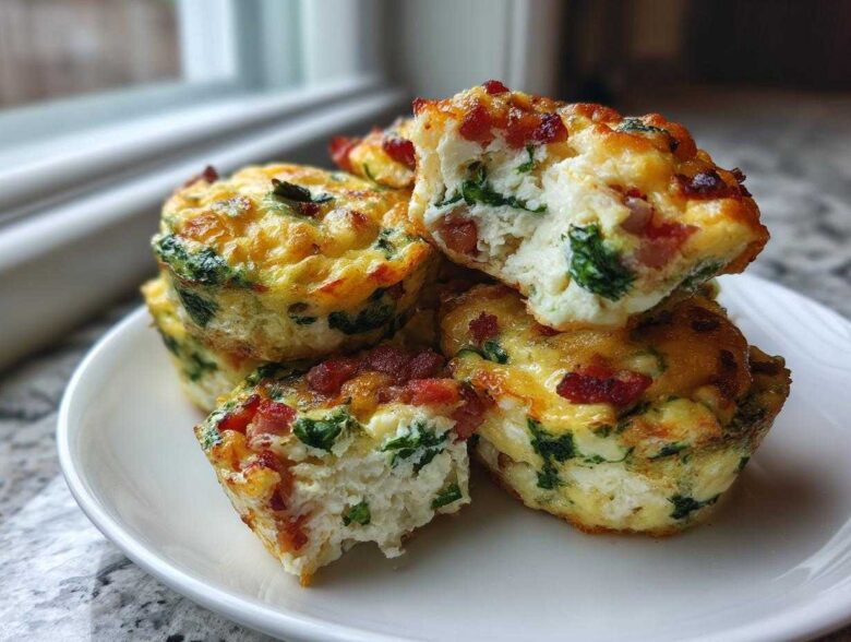 A stack of fluffy bacon and spinach egg bites on a white plate, showing the cheesy, baked texture of the egg bites.