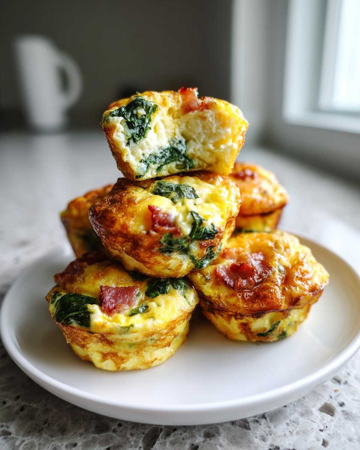 A stack of baked egg bites featuring spinach and bacon, with one cut open to show the fluffy interior.