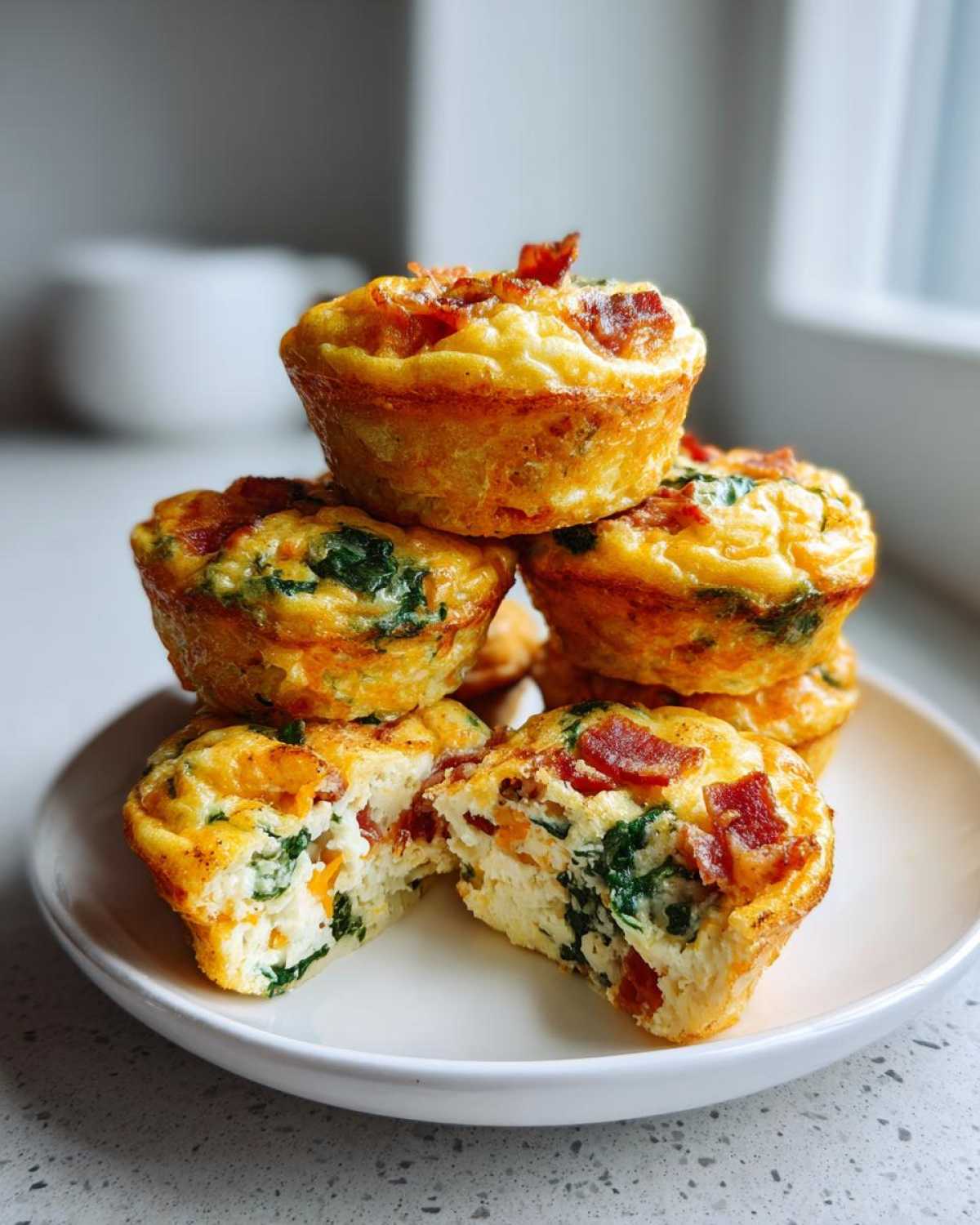 A stack of golden brown, baked egg bites filled with spinach and topped with bacon pieces.